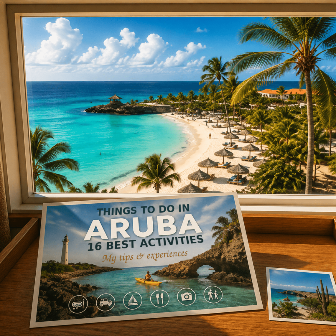 AI-generated illustration of a room overlooking a tropical Aruban beach, with a postcard about sixteen activities and travel tips.