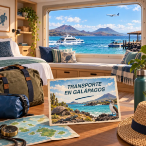 Ilustración generada con IA de una habitación costera con vistas a embarcaciones y un avión cerca de las islas Galápagos, con una postal sobre transporte.