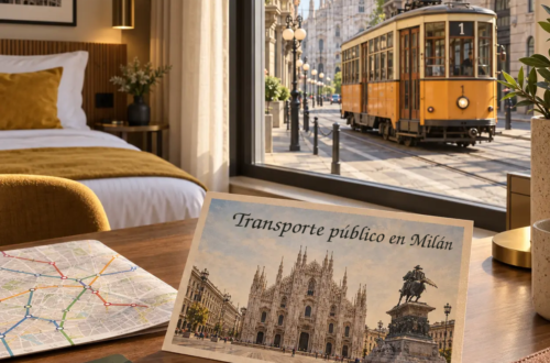 Ilustración generada con IA de una habitación con vistas a un tranvía amarillo histórico de Milán y una postal sobre transporte público.