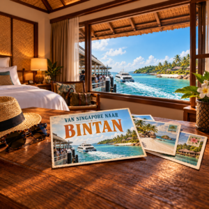 AI-sfeerillustratie met ansichtkaarten in een hotelkamer, een ferry en de kust van Bintan