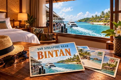 AI-sfeerillustratie met ansichtkaarten in een hotelkamer, een ferry en de kust van Bintan