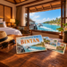 AI-sfeerillustratie met ansichtkaarten in een hotelkamer, een ferry en de kust van Bintan