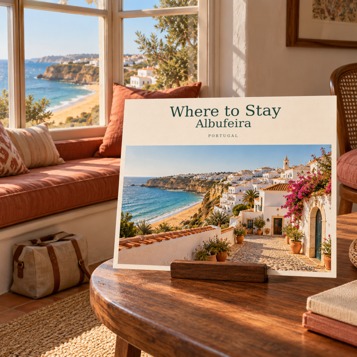 AI illustration with a postcard for Where to Stay — Albufeira, beside a window overlooking the Algarve.