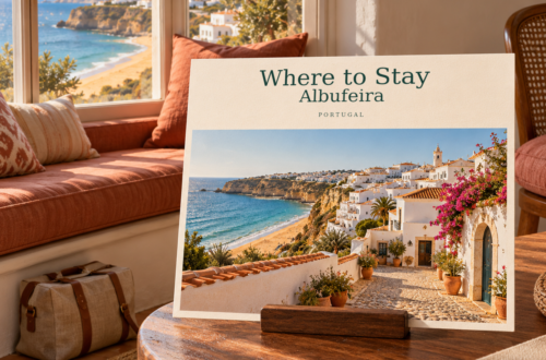AI illustration with a postcard for Where to Stay — Albufeira, beside a window overlooking the Algarve.