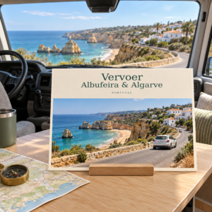 AI-illustratie in ansichtkaartstijl voor Vervoer in Albufeira en de Algarve.