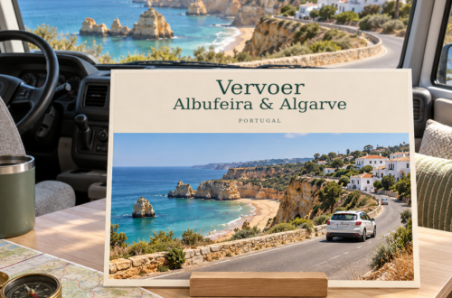 AI-illustratie in ansichtkaartstijl voor Vervoer in Albufeira en de Algarve.