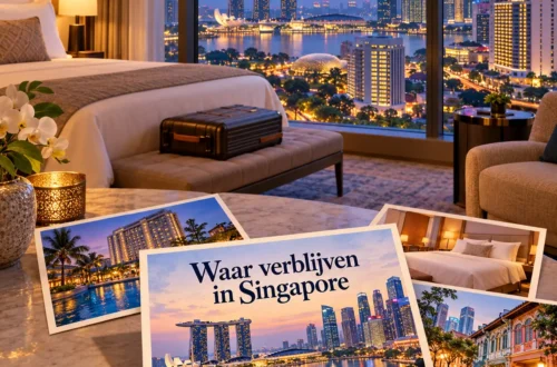 AI-sfeerillustratie van een sfeervolle hotelkamer met uitzicht op de skyline van Singapore