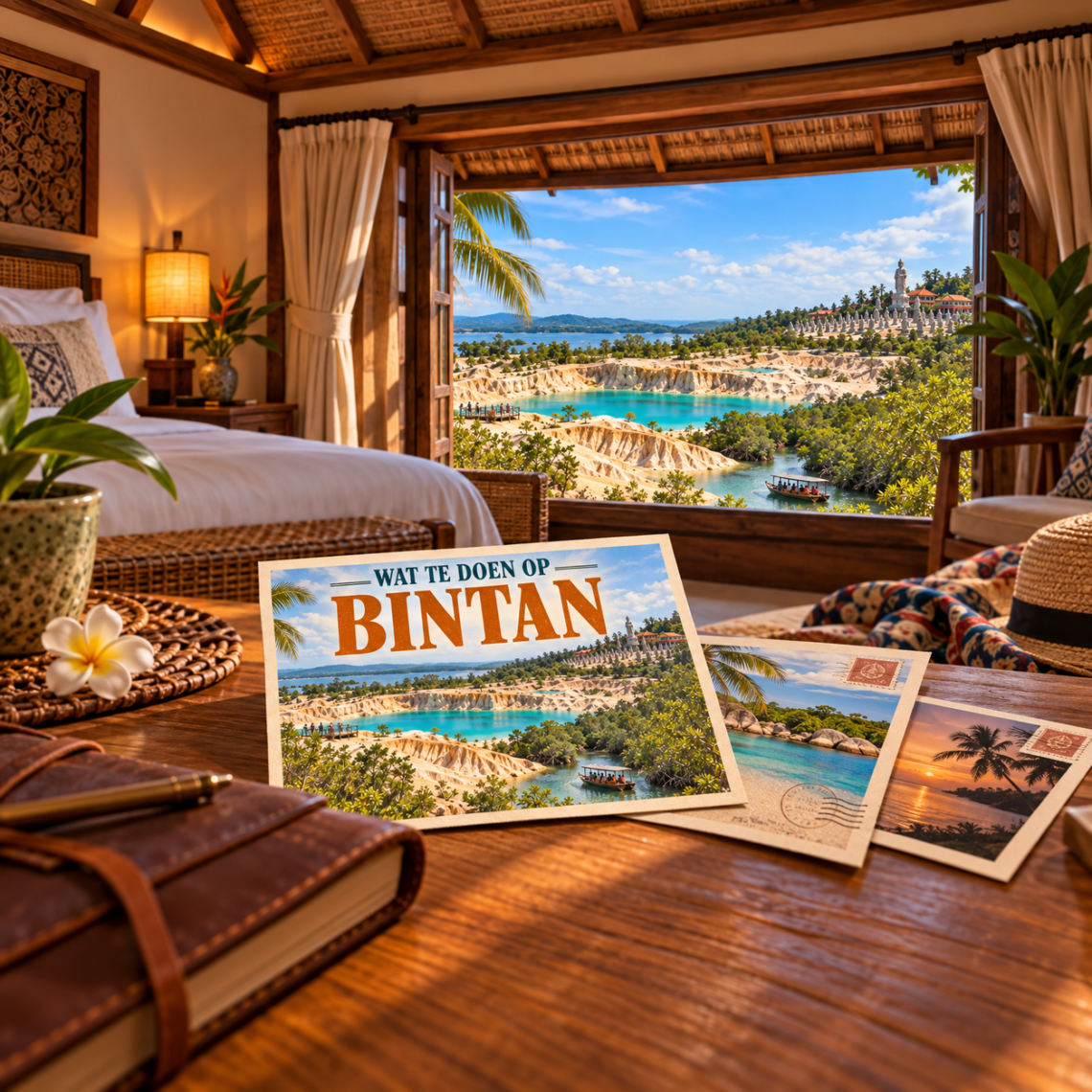 AI-sfeerillustratie met een ansichtkaart over Bintan, Blue Lake, zandformaties en tempels