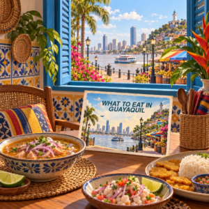 AI-generated illustration of a dining room with Ecuadorian coastal dishes, a Guayaquil food postcard and views of the riverfront.