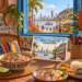 AI-generated illustration of a dining room with Ecuadorian coastal dishes, a Guayaquil food postcard and views of the riverfront.