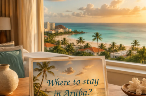 AI-generated illustration of a room overlooking Aruba’s beach and resorts at sunset, with a postcard about where to stay.