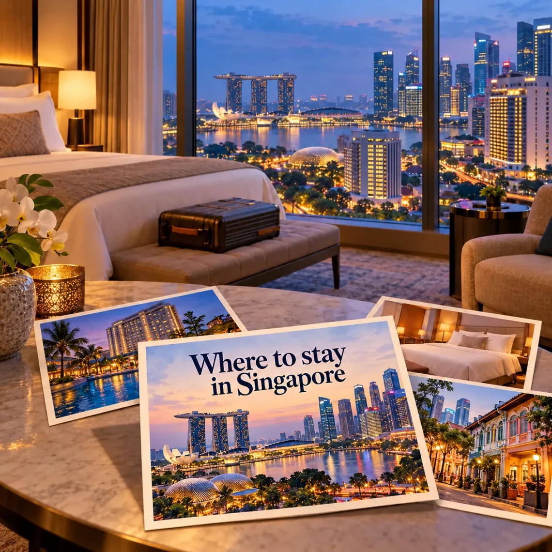 AI-generated postcard illustration for Where to Stay in Singapore