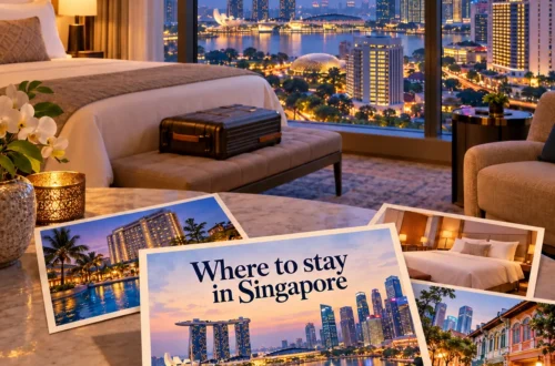 AI-generated postcard illustration for Where to Stay in Singapore